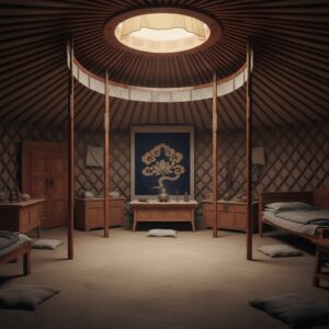 Interior of a wooden yurt structure with a central altar, wooden furniture, beds, and floor cushions – by rugs on net