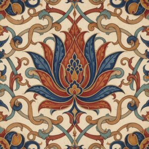 Symmetrical floral motif featuring stylized lotus petals in red, blue, and gold on a light background – by rugs on net
