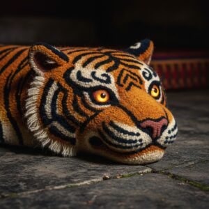 Close-up of a textile or felted tiger head with glowing orange eyes resting on dark stone – by rugs on net
