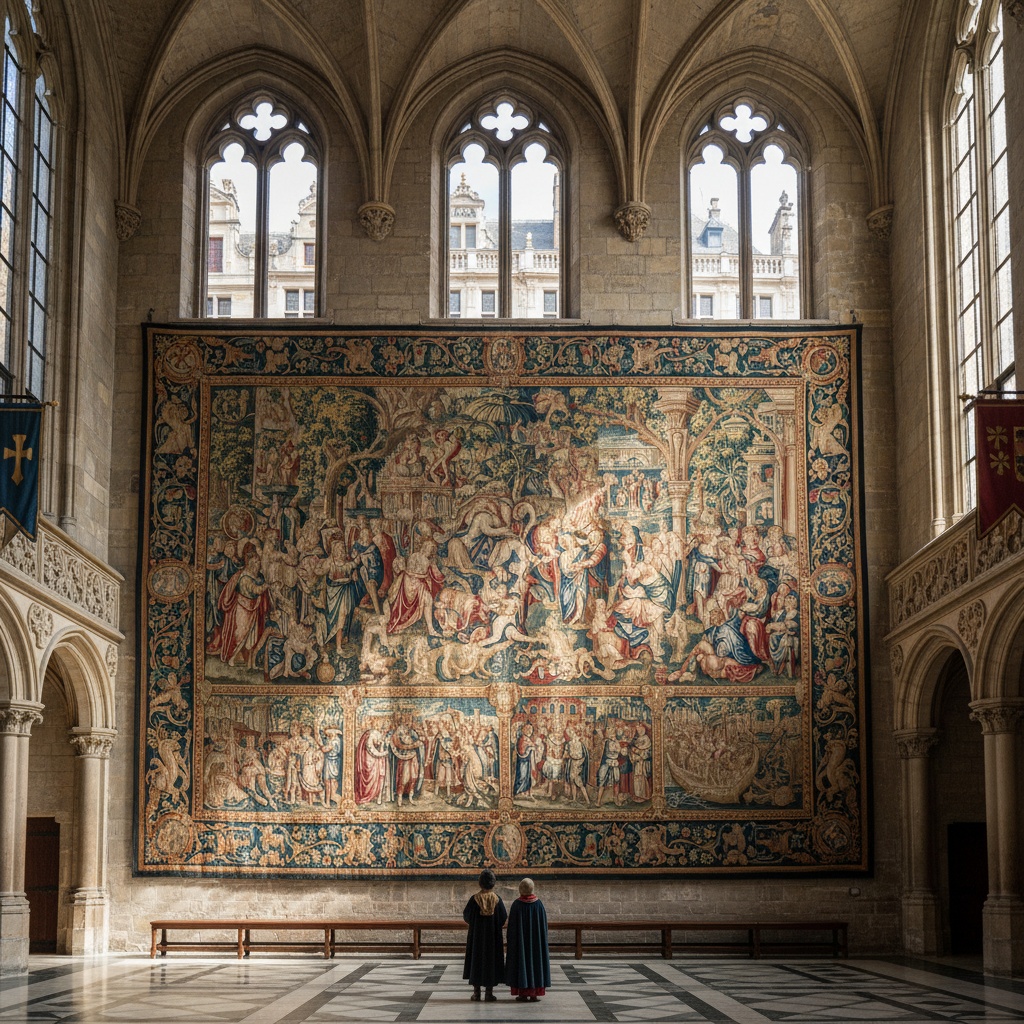 Massive historical tapestry hanging on a stone wall inside a vaulted architectural space – by rugs on net