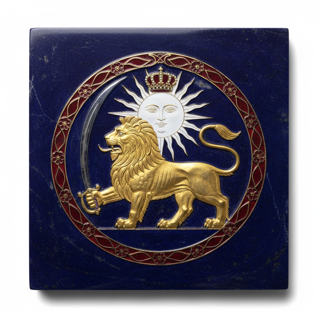 Gilt lion holding a curved sword before a crowned sun face on a dark blue base – by rugs on net