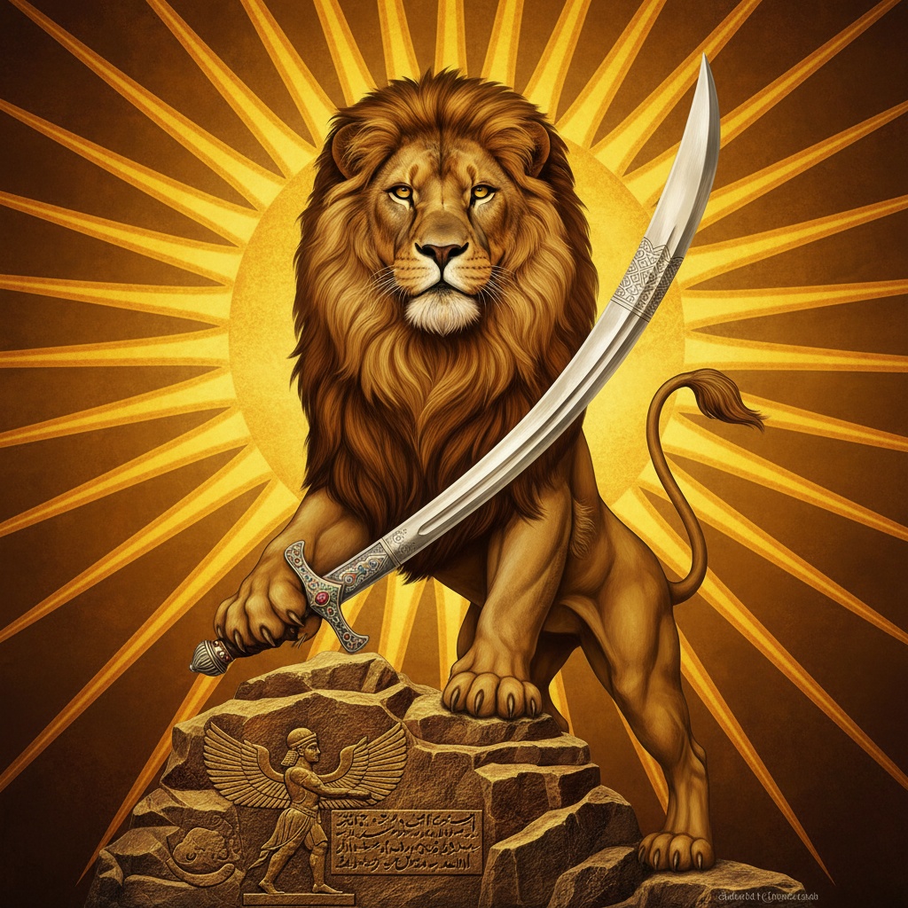 A powerful lion stands on a rock holding a curved sword, set against a bright golden sunburst background – by rugs on net