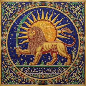 Stylized golden lion holding a curved sword against a starry blue field with a sun face – by rugs on net