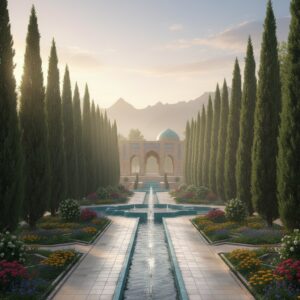 A long formal garden path lined with tall cypress trees and water features leading to an archway – by rugs on net