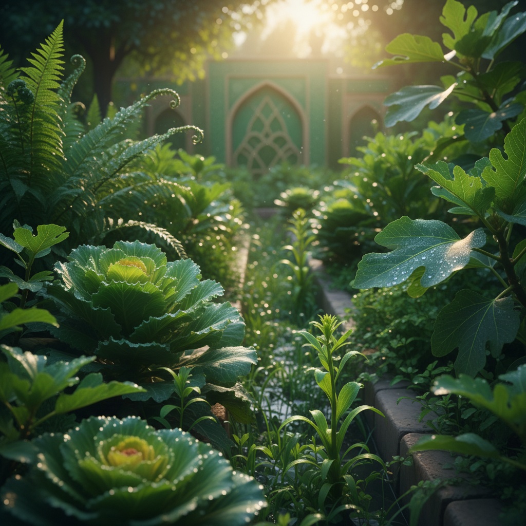 Lush green rug colors garden path with dew drops on cabbage, ferns, and fig leaves – by rugs on net