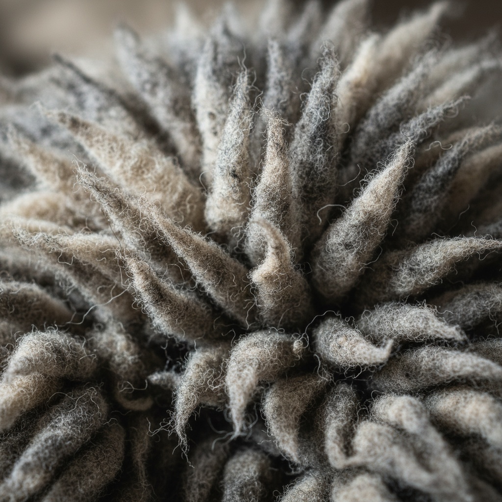 Extreme close-up of densely packed, thick, gray and beige fibers forming pointed clusters – by rugs on net