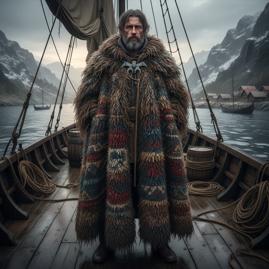 A bearded man in a thick, patterned, shaggy fur cloak stands on a wooden ship deck near water – by rugs on net