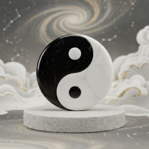 A polished black and white marble yin yang symbol resting on a gray stone pedestal against a cosmic background – by rugs on net
