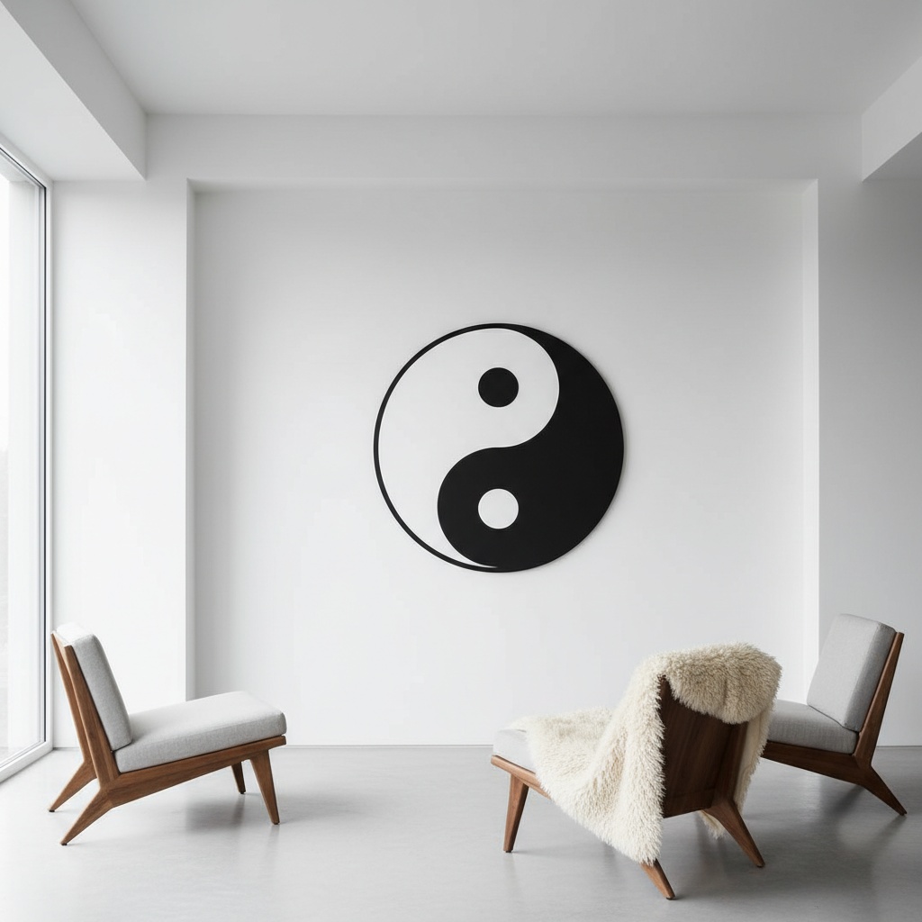 Large black and white yin yang symbol on a white wall above two lounge chairs – by rugs on net
