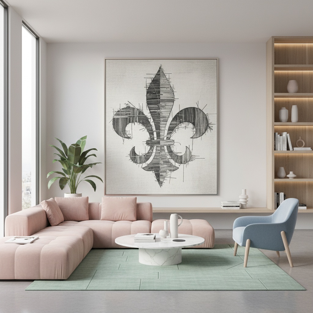 Large sketched black and white fleur-de-lis artwork hangs above a pink sectional sofa – by rugs on net