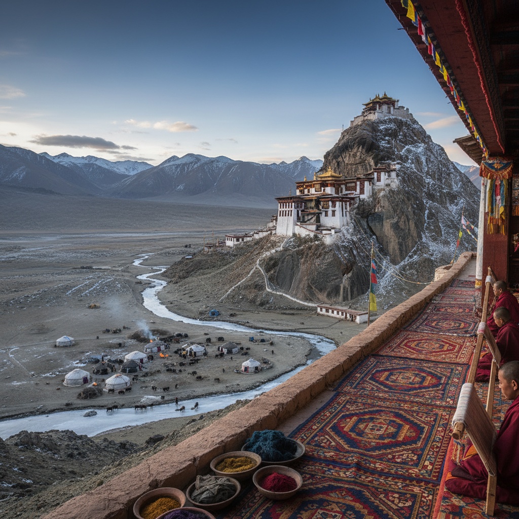 View from a balcony overlooking a monastery on a rocky hill and colorful dye bowls – by rugs on net