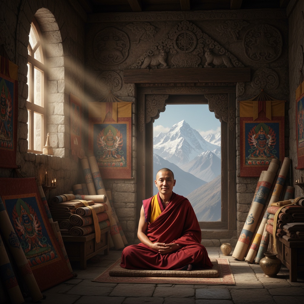 A seated figure in maroon robes meditates in a stone room surrounded by rolled and hanging painted textiles – by rugs on net