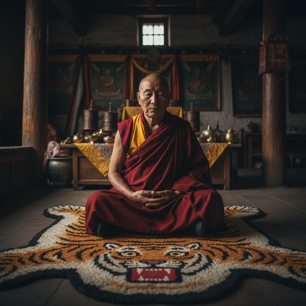 Monk meditating on a floor rug shaped and designed like a tiger's face – by rugs on net