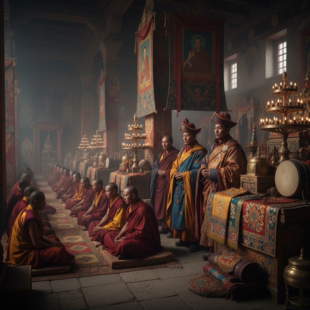 Monks seated on patterned floor coverings in a dimly lit hall with ornate decorations and textiles – by rugs on net