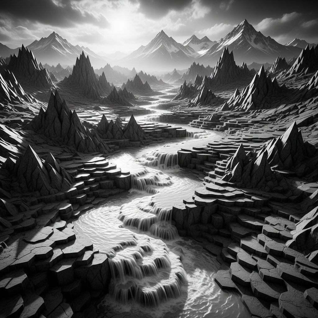 Black and white dramatic landscape of jagged mountains and a cascading river flowing over stepped rock formations – by rugs on net