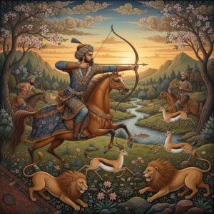 Man on horseback aiming a bow and arrow during a hunt with lions and gazelles nearby – by rugs on net