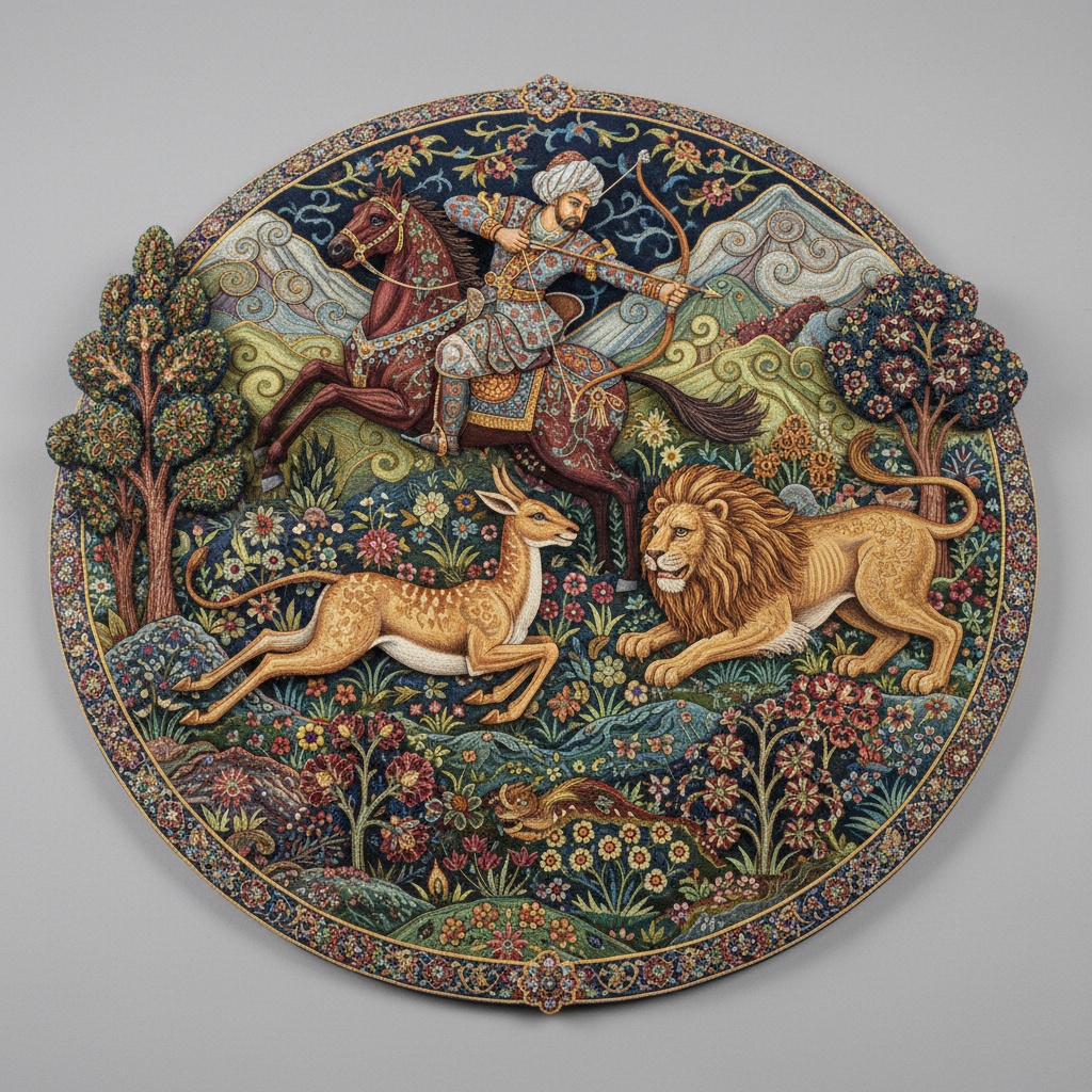 Circular tapestry showing an archer on horseback aiming at a lion and fleeing deer in a floral landscape – by rugs on net