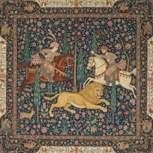 Two mounted hunters on horseback aiming bows at a large, running golden lion in a dense background of foliage and flowers – by rugs on net