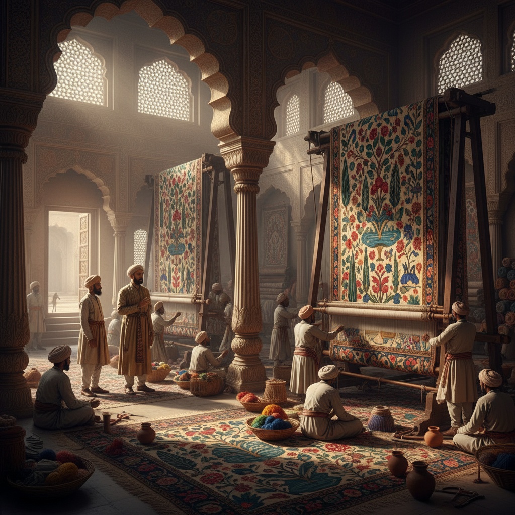 Artisans working on large vertical looms creating brightly colored, intricately patterned rugs – by rugs on net