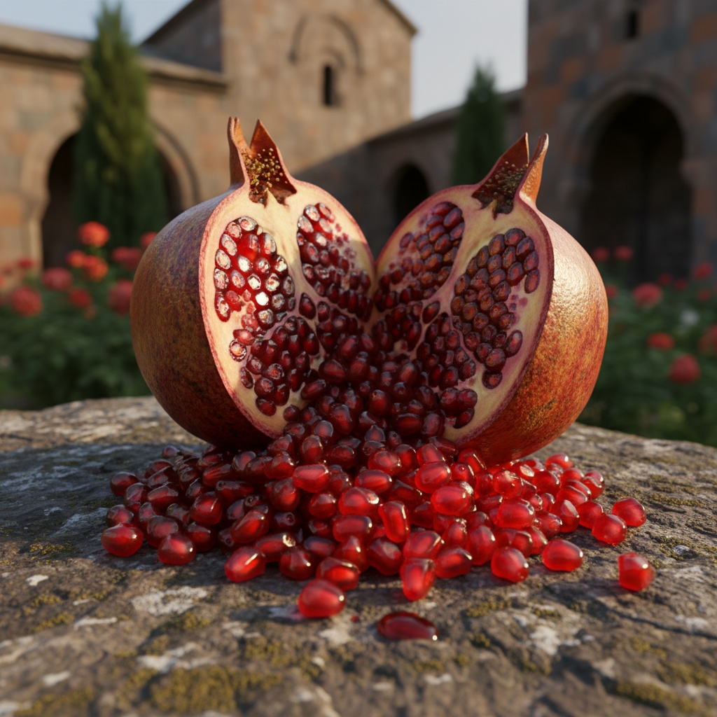 A pomegranate cut in half, spilling seeds onto a textured stone surface outdoors – pomegranate design by rugs on net