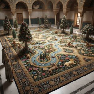 Three-dimensional carpet depicting a lush garden landscape with trees, flowers, a river, and resting lions – by rugs on net