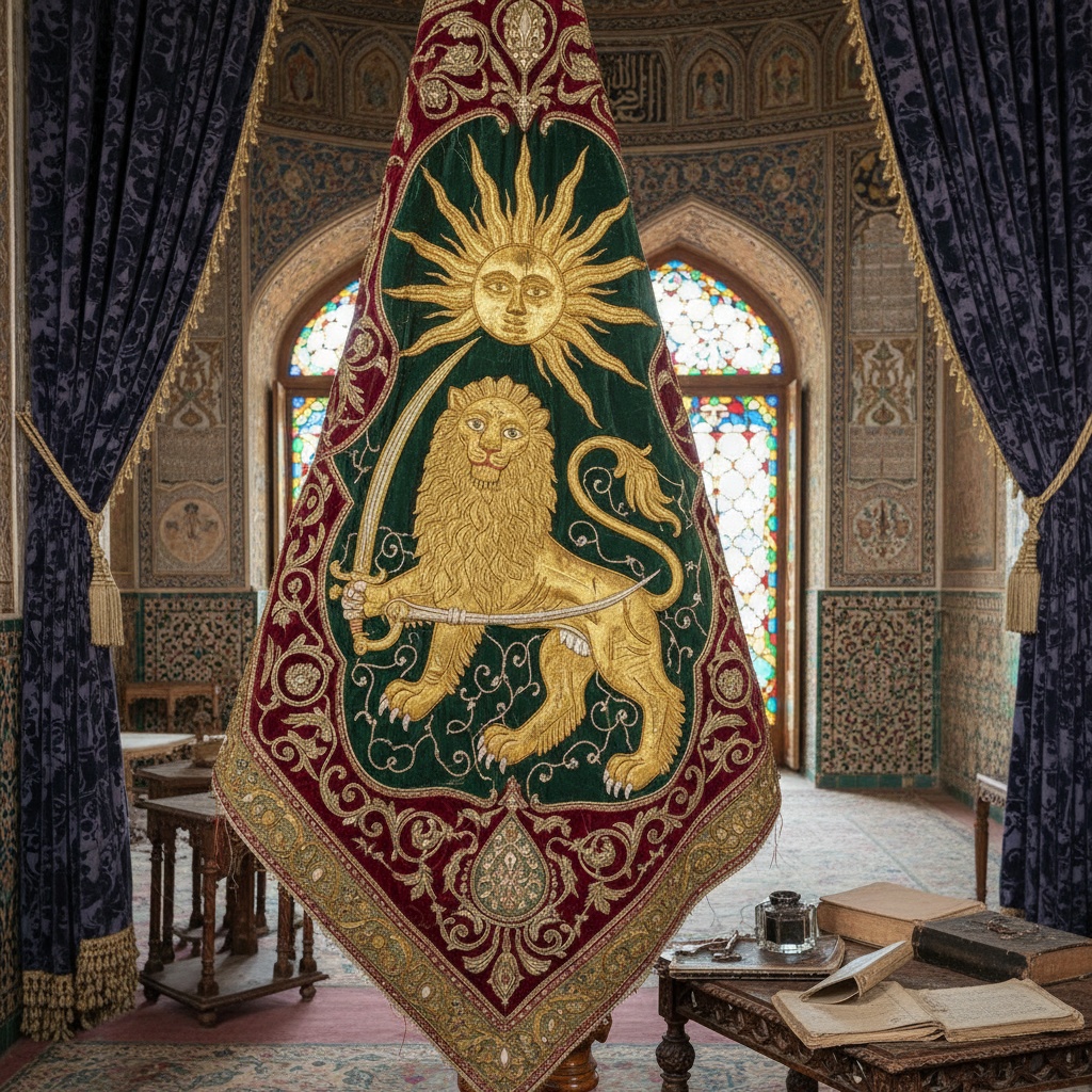 Embroidered green and red banner featuring a golden lion holding a sword beneath a sun face – by rugs on net