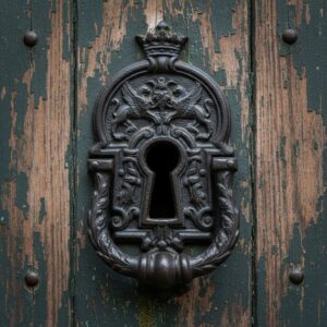 Close-up of an ornate, black cast iron door knocker and keyhole escutcheon against peeling green wood – by rugs on net