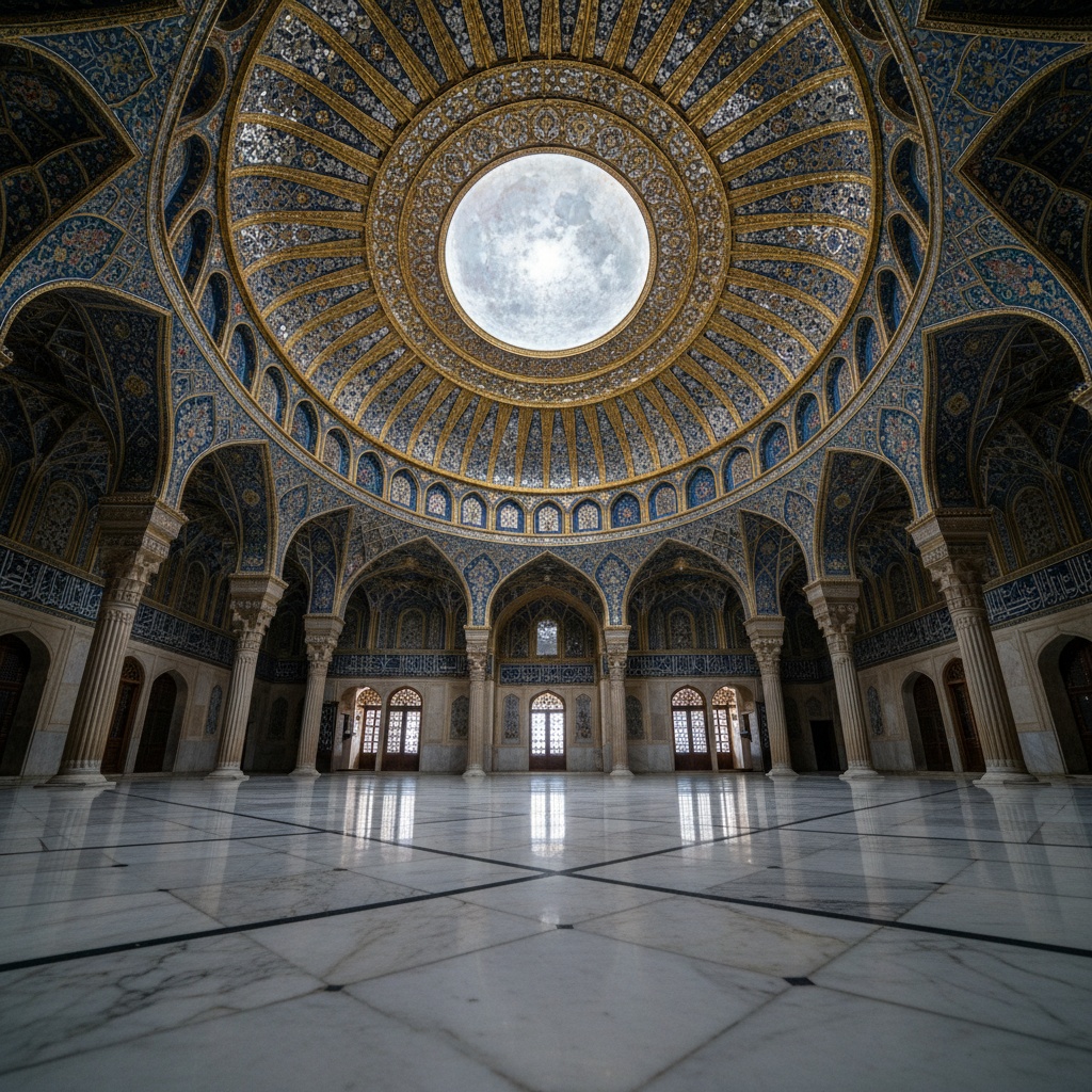 Low angle view inside an ornate hall showing a large full moon visible through a circular opening in the decorated ceiling dome – moon design by rugs on net