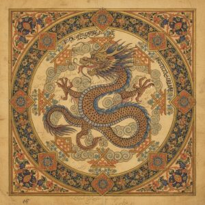 Detailed illustration of a serpentine dragon surrounded by clouds within an ornate, multi-layered circular frame – by rugs on net