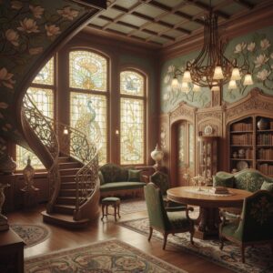 Luxurious room with curved wooden staircase, stained glass windows featuring peacocks, and green velvet seating – by rugs on net