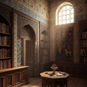 Interior of an ornate library room featuring dark wood, built-in bookshelves, and a large hanging patterned rug – by rugs on net