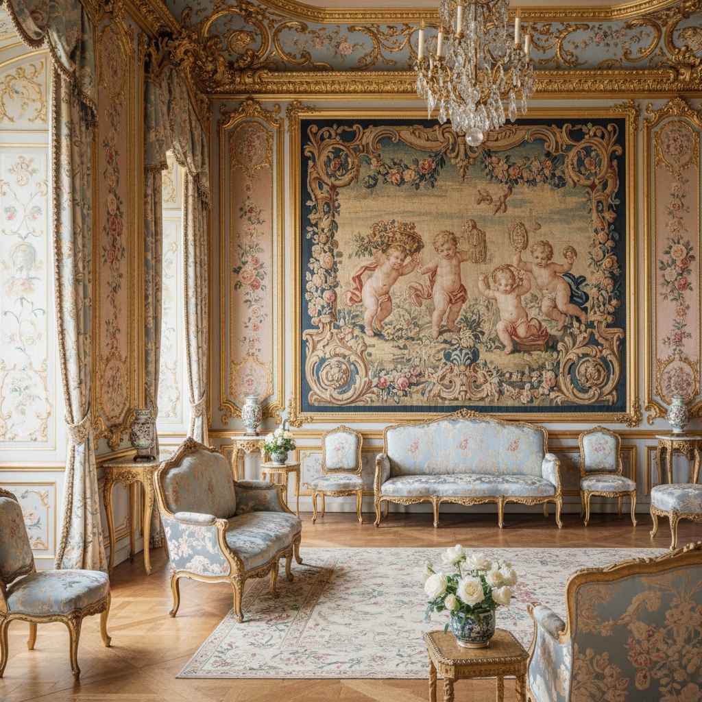 Luxurious room featuring gilded paneling, floral wallpaper, and a large tapestry depicting cherubs – by rugs on net