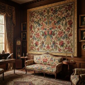 Large floral needlepoint tapestry hangs above a matching upholstered sofa in a wood-paneled room – by rugs on net
