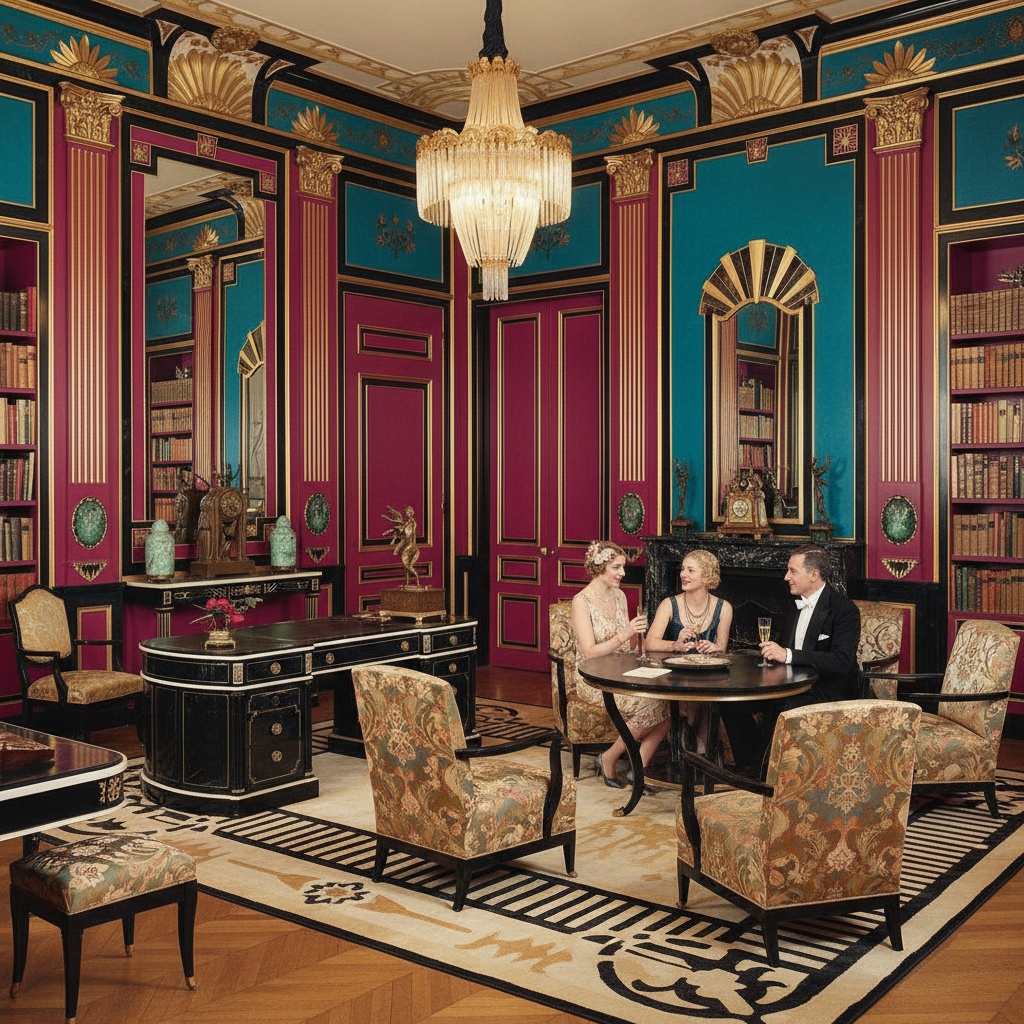 Interior scene with rich colors, gold trim, a chandelier, and four people seated at a round table – by rugs on net