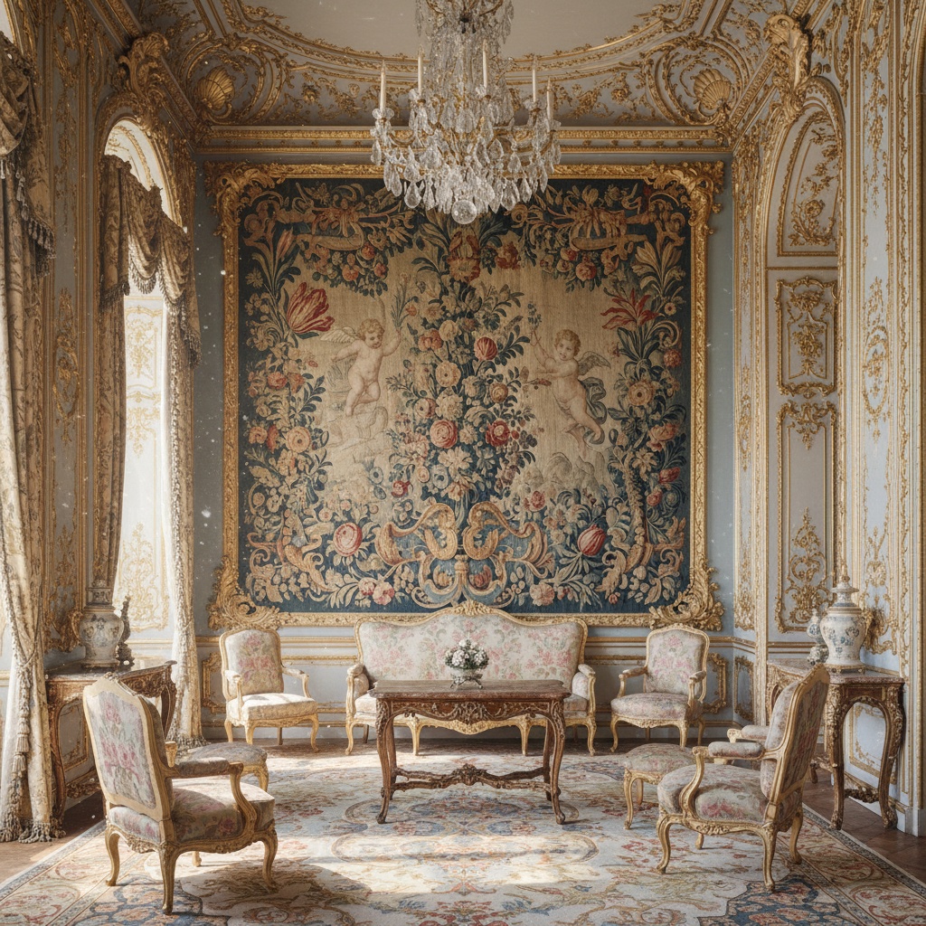 Luxurious room featuring a large floral tapestry depicting cherubs amidst dense foliage – by rugs on net