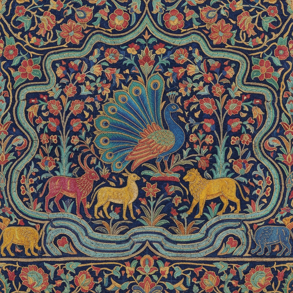 Vibrant textile design featuring a central peacock surrounded by stylized flowers, animals, and flowing borders – by rugs on net