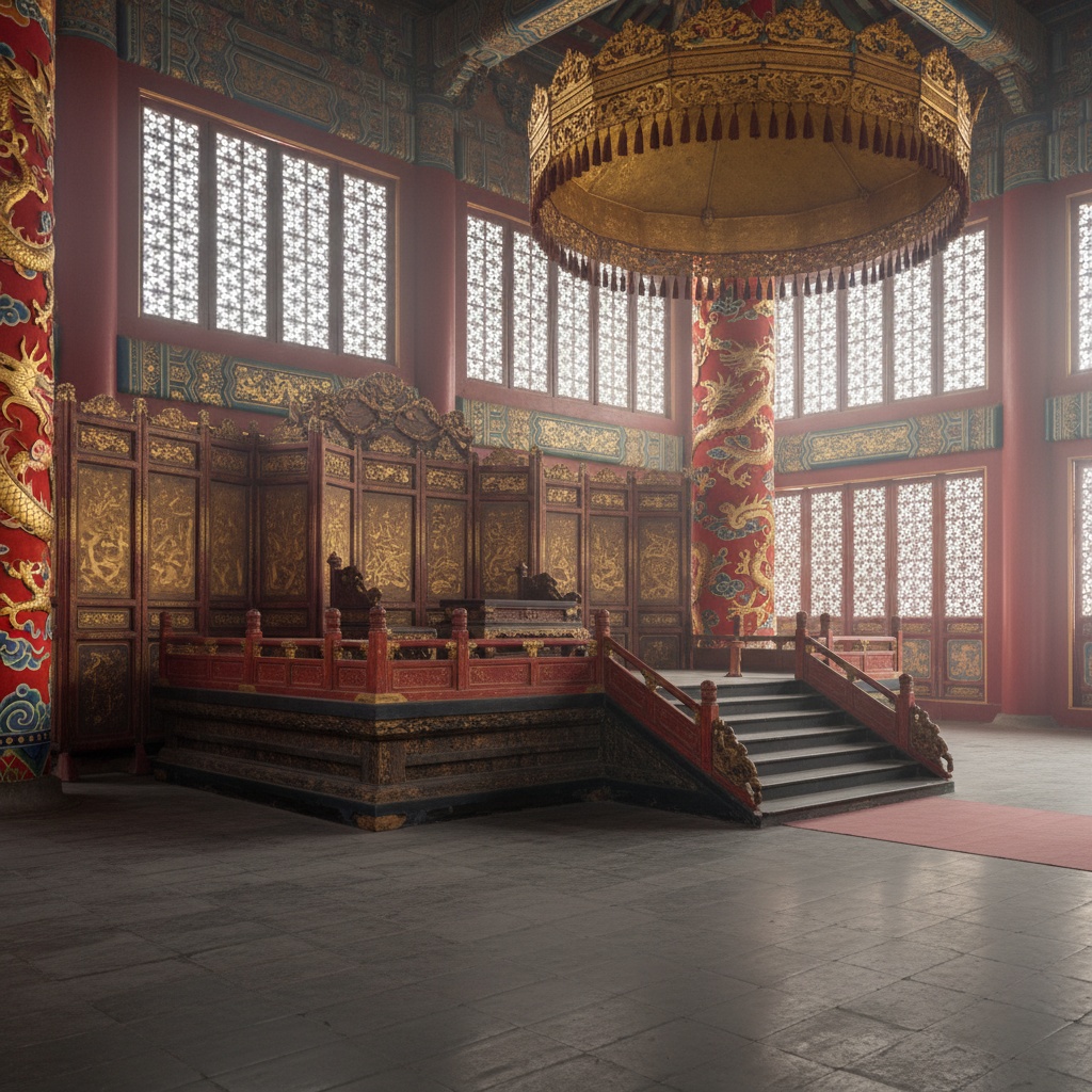 Grand interior hall featuring a raised, elaborate wooden throne platform with red railings and steps – by rugs on net