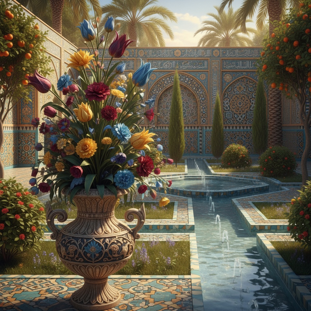 An ornate vase filled with colorful flowers sits in a tiled courtyard with a water feature and palm trees – by rugs on net