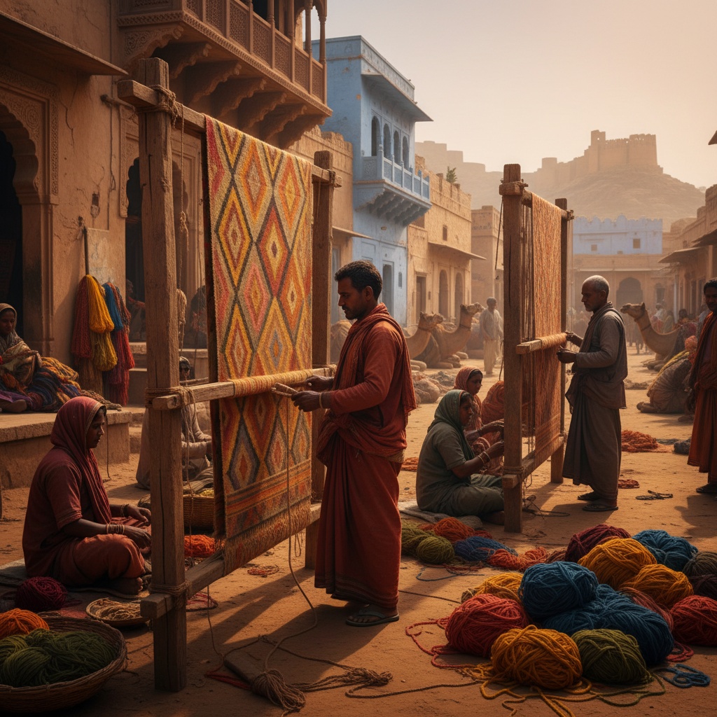 Men and women weaving colorful textiles on vertical looms outdoors with yarn piles nearby – by rugs on net