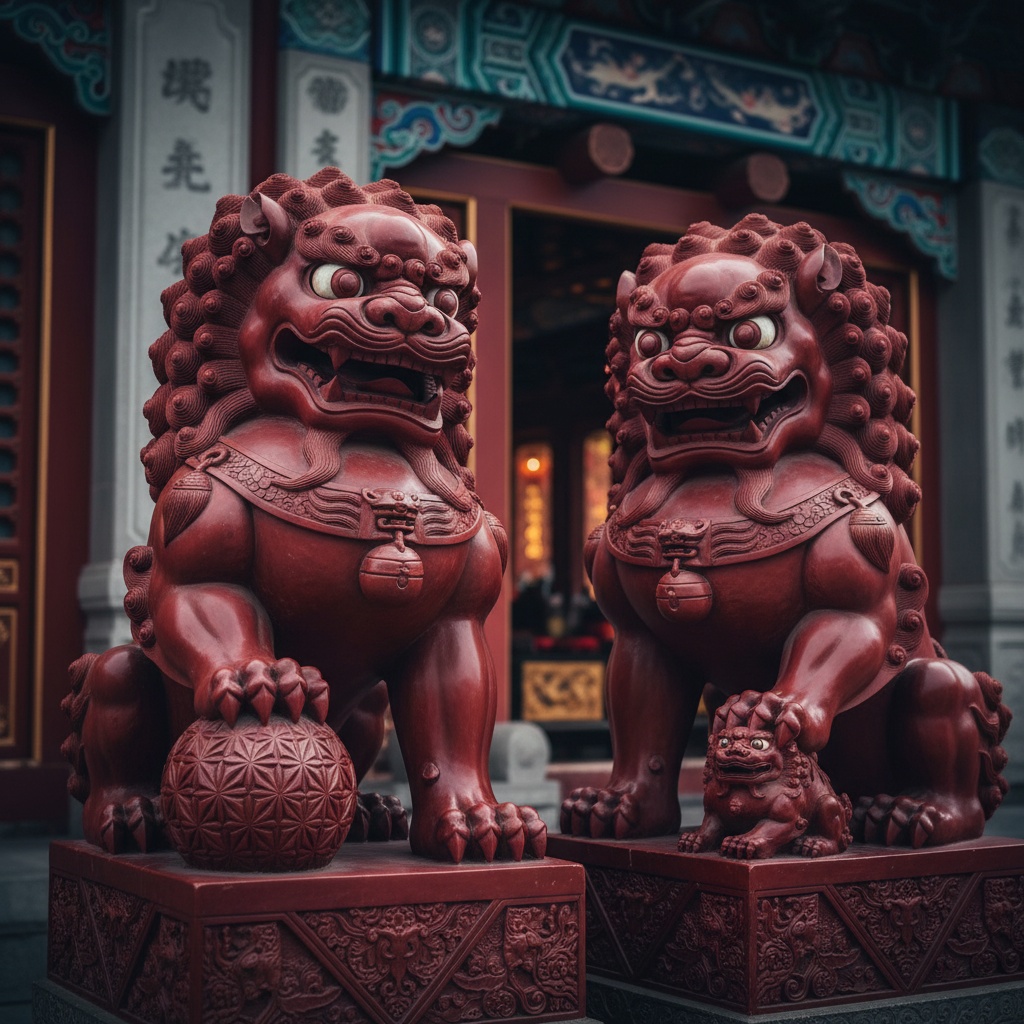 Two large, deep red chinese guardian lions statues flank a smaller cub, set against a temple entrance – by rugs on net