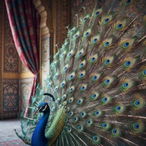 Close-up of a male peacock displaying its vibrant, eye-spotted tail feathers indoors – by rugs on net