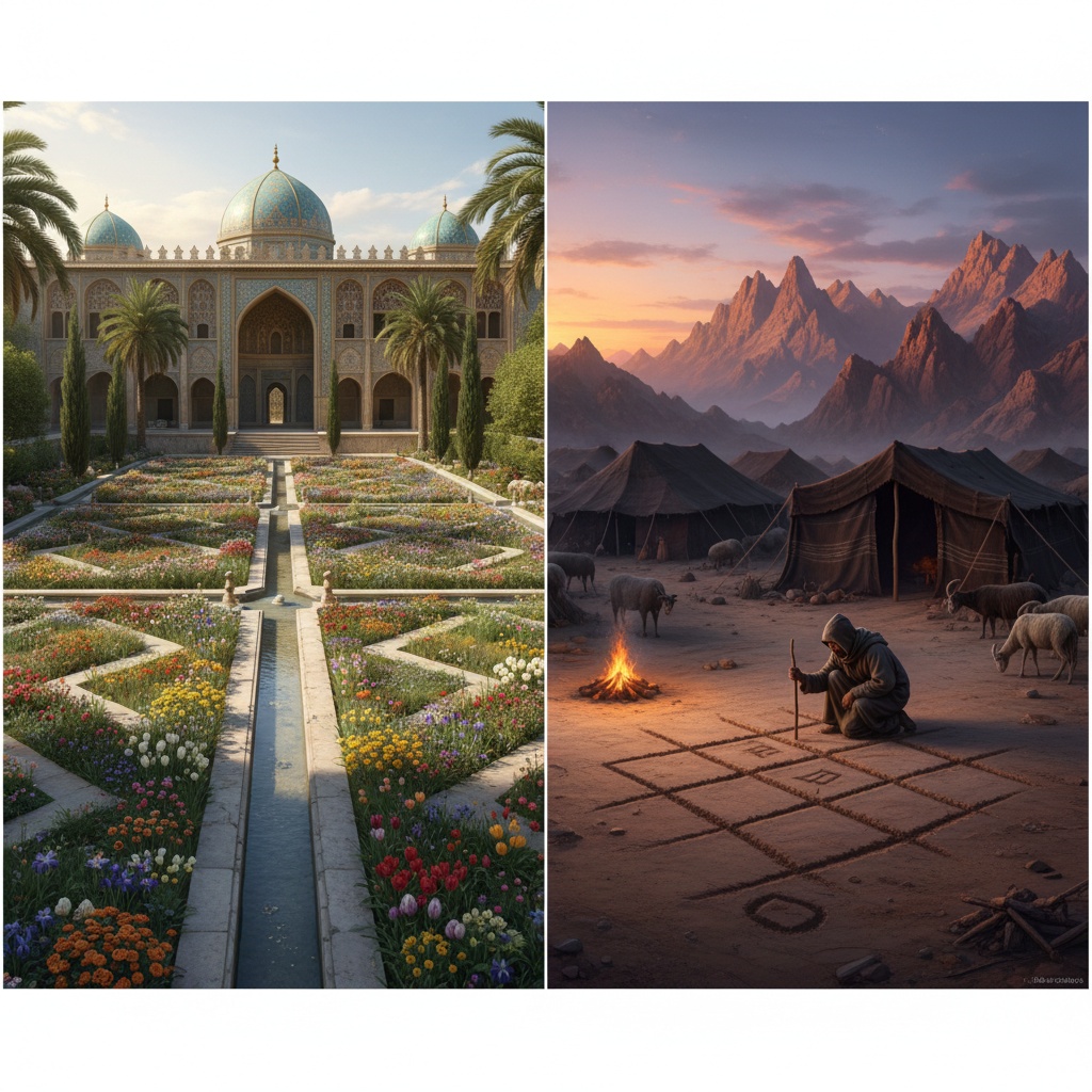 Split image showing a formal garden with a central water channel and a desert camp scene at sunset – by rugs on net