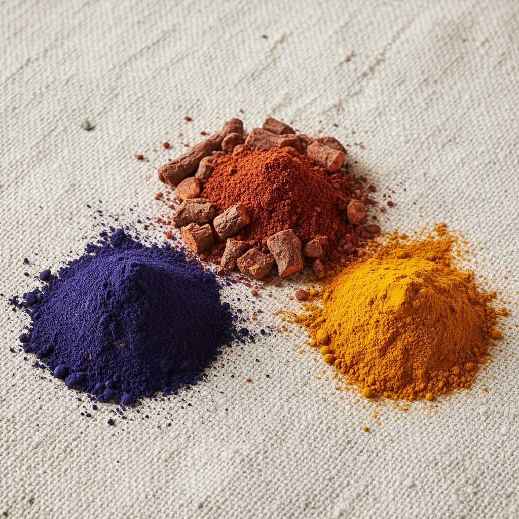 Three piles of brightly colored dry pigment powders, blue, red-orange, and yellow, resting on a light woven fabric – by rugs on net