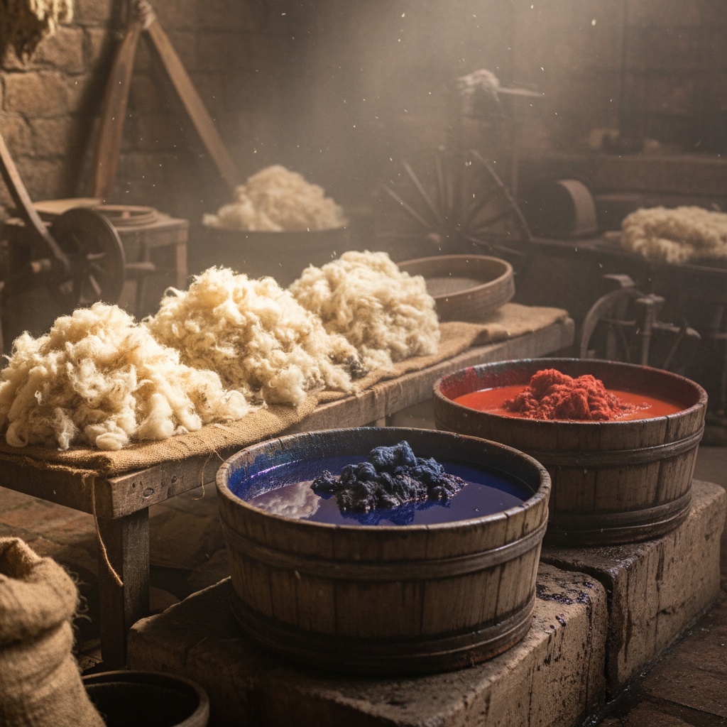 Piles of raw wool sit next to wooden vats containing bright blue and red dyes – by rugs on net