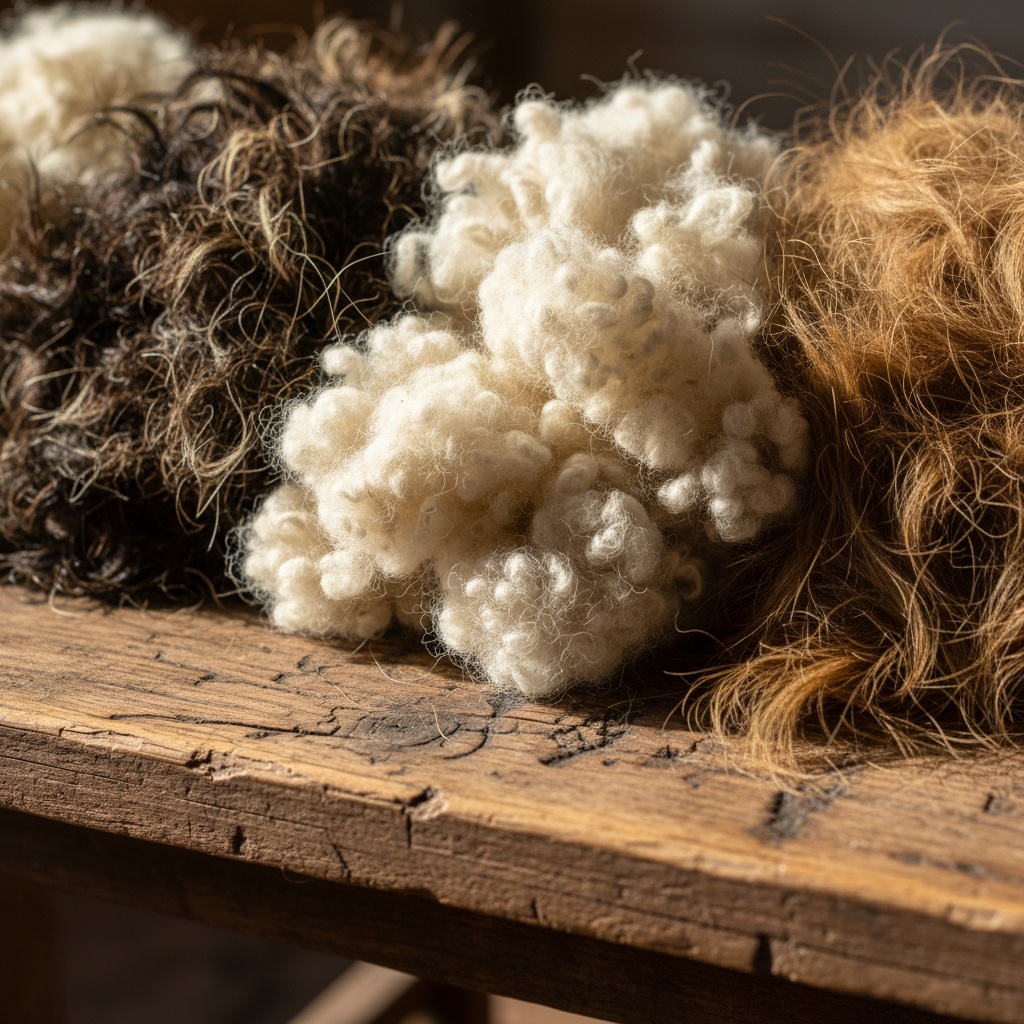 Close-up of raw, unprocessed wool fibers in white, dark brown, and tan resting on a rustic wooden surface – by rugs on net