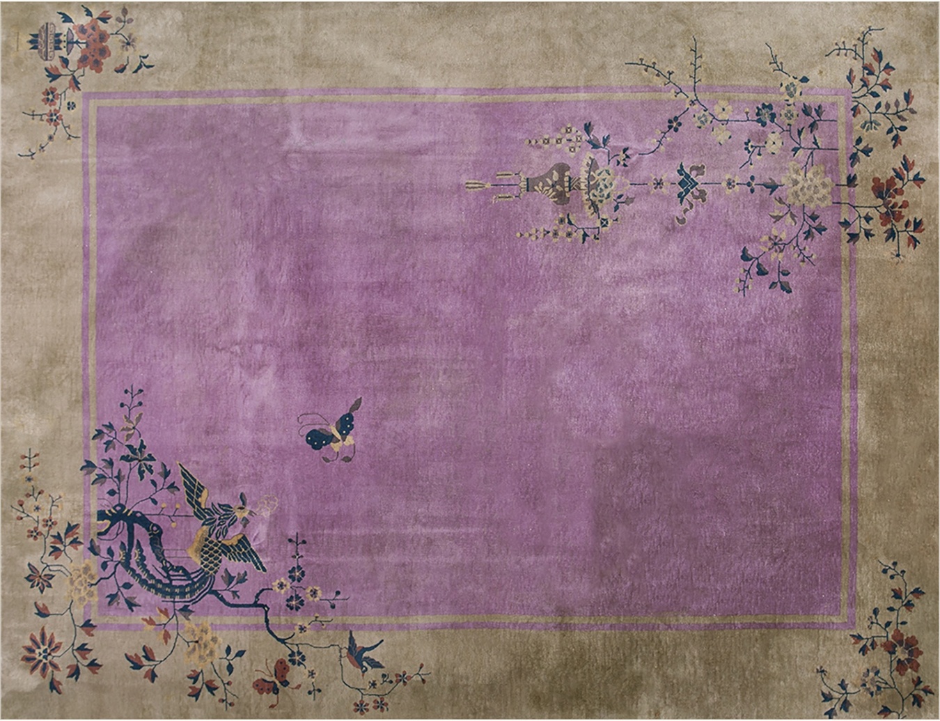 Antique rectangular chinese art deco wool rug in purple featuring bold flowers and geometric shapes - by rugs on net