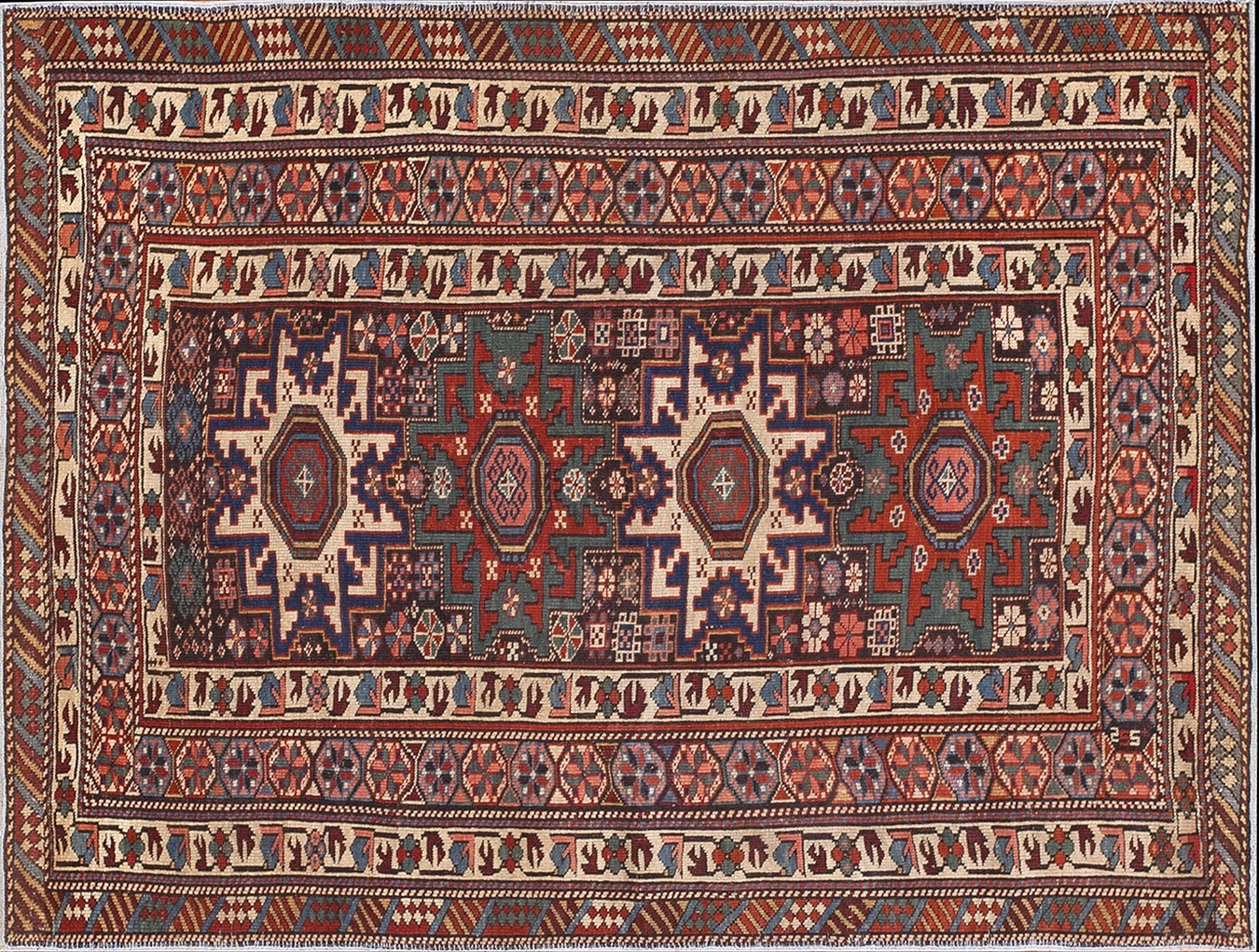 Rectangle allover geometric 1890s blue antique hand knotted pile wool rug - by rugs on net