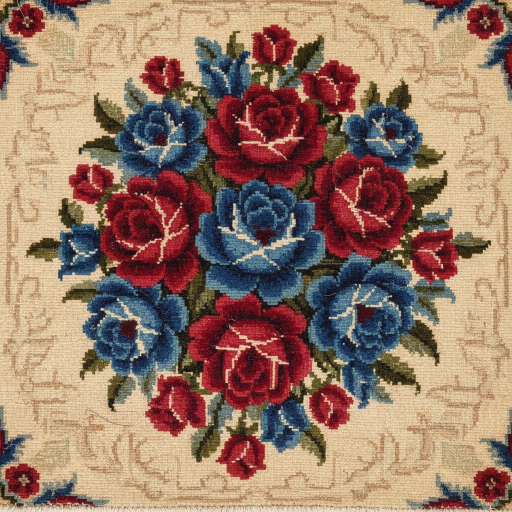 Close-up of a textile featuring a dense bouquet of red and blue roses on a beige ground with a subtle border pattern – by rugs on net