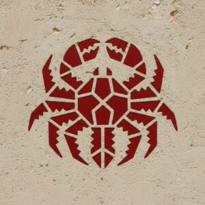 Stylized red geometric crab motif stenciled or carved into a textured beige stucco or concrete wall surface – by rugs on net