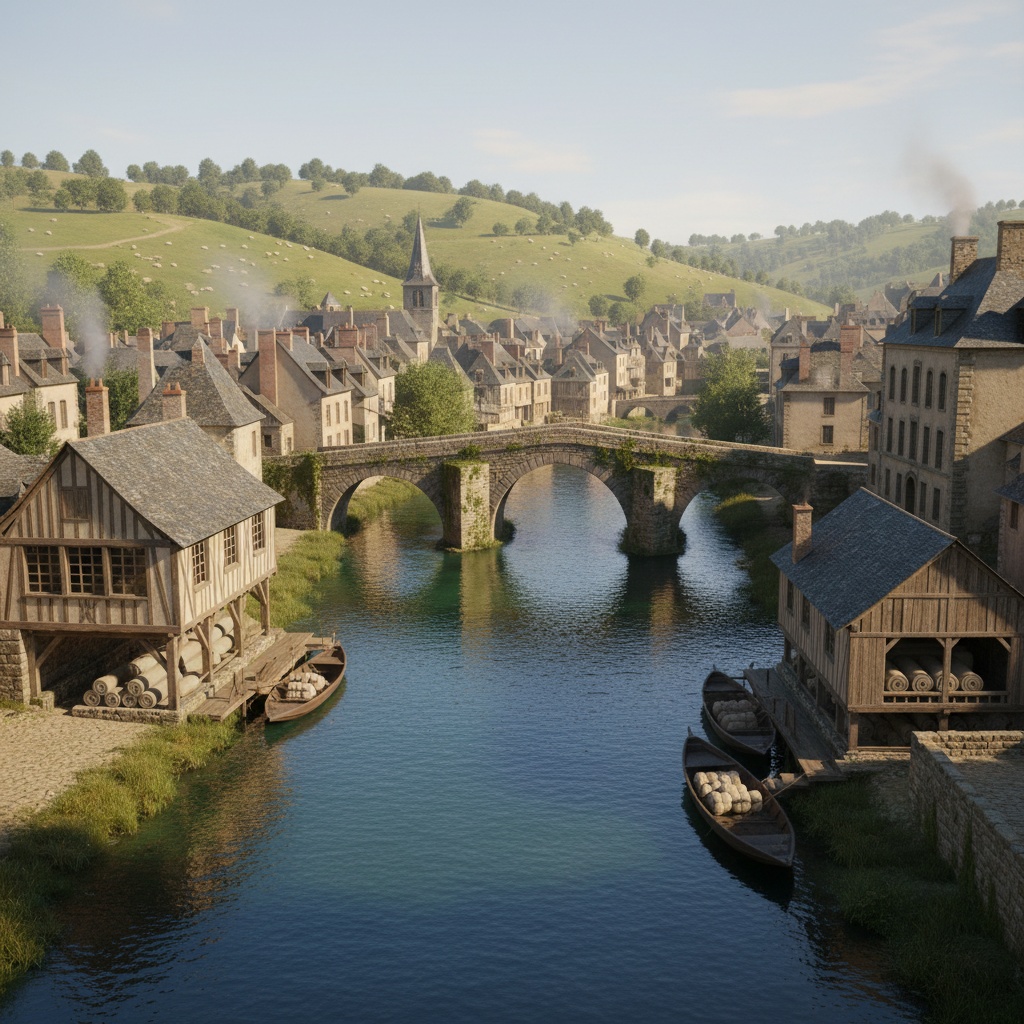 Stone arch bridge over a river in a historic european town setting with rolling green hills – by rugs on net